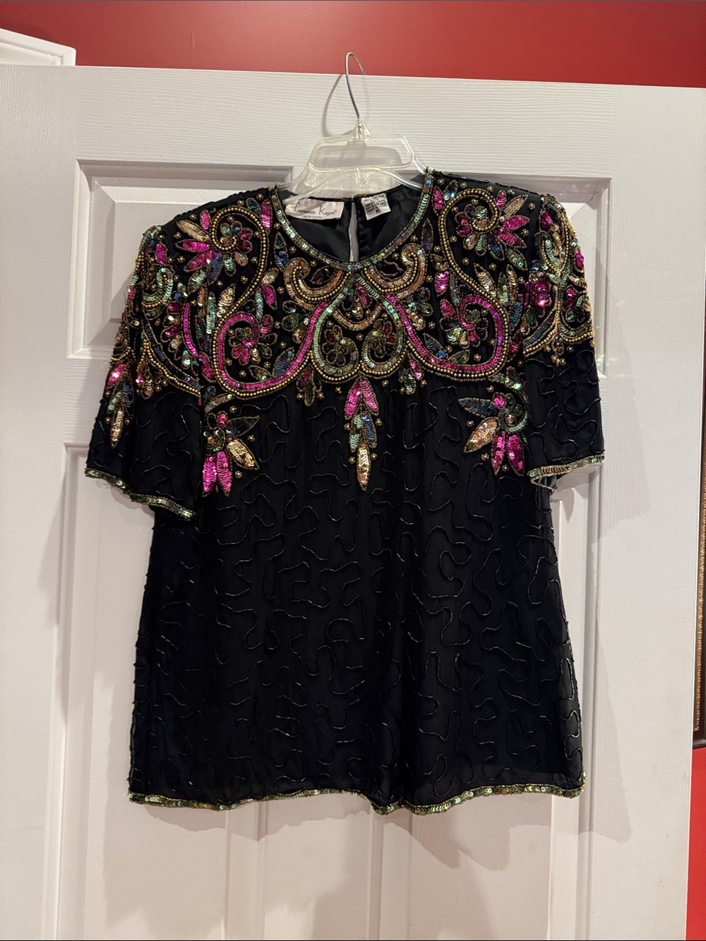 Laurence Kazar Black Beaded Embellished Short Sleeve Top